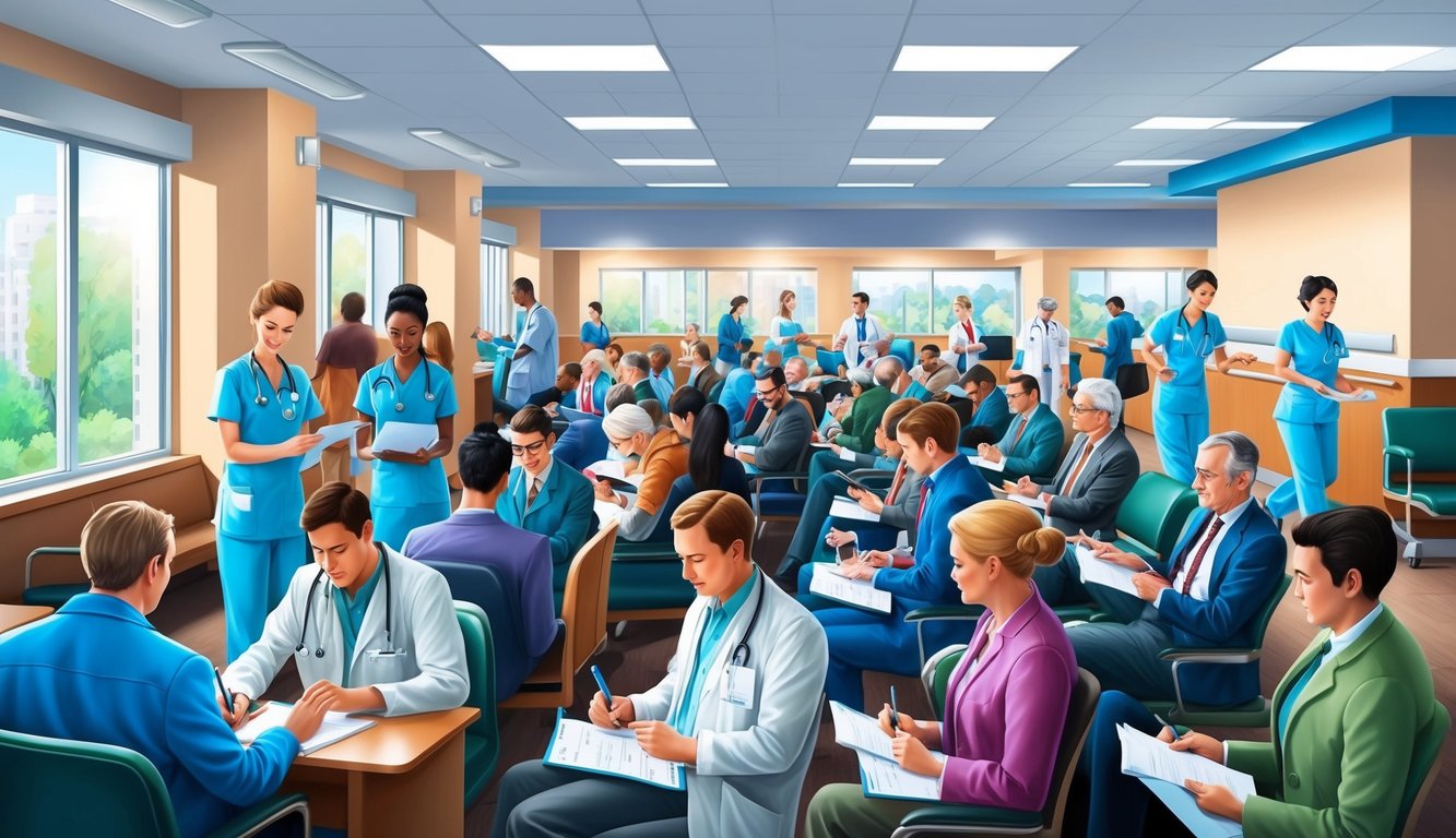 A crowded hospital waiting room with people filling out paperwork and talking to receptionists.</p><p>Nurses and doctors rushing around in the background