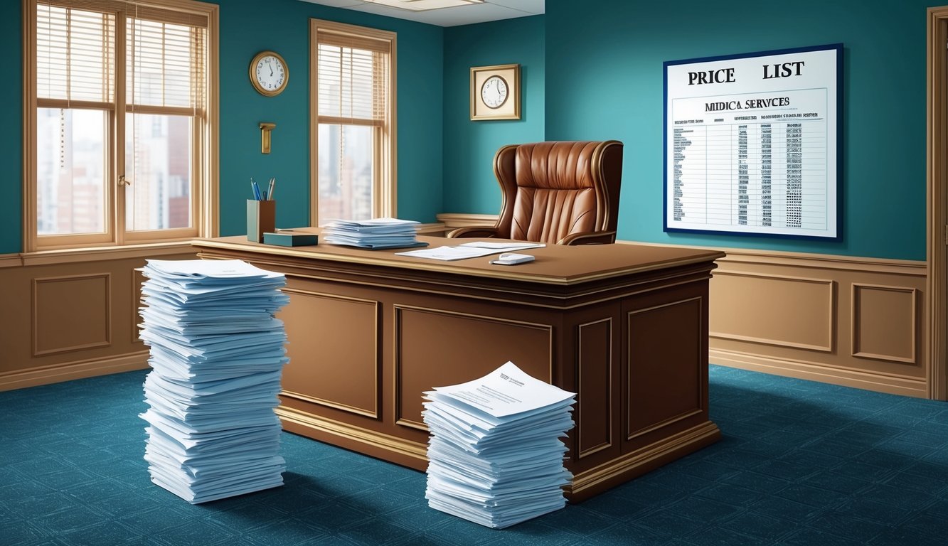 A doctor's office with a large, imposing desk and a stack of paperwork.</p><p>A price list on the wall shows high fees for medical services