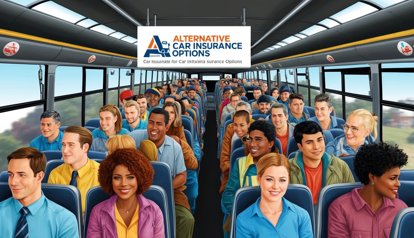 Passengers on a crowded bus, with a prominent sign advertising alternative car insurance options