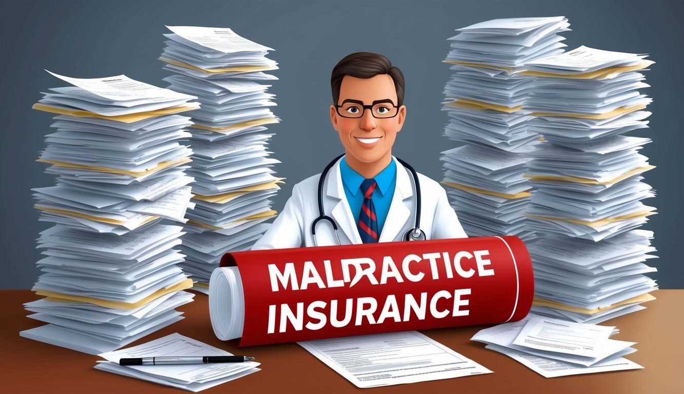 A doctor surrounded by towering stacks of paperwork, with a large red "Malpractice Insurance" bill on the desk