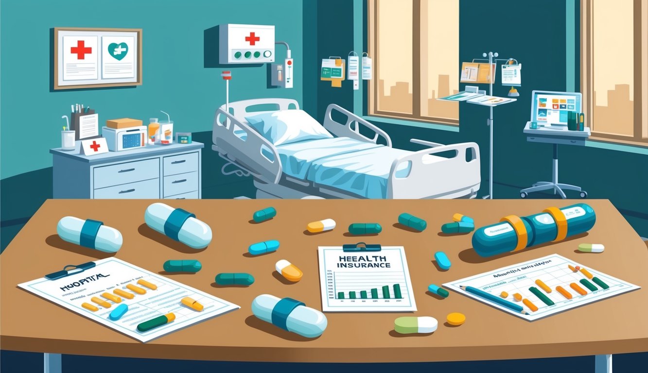 A hospital room with medical equipment, pills, and charts scattered on a table, symbolizing the high cost of health insurance due to lifestyle-related diseases in 2024