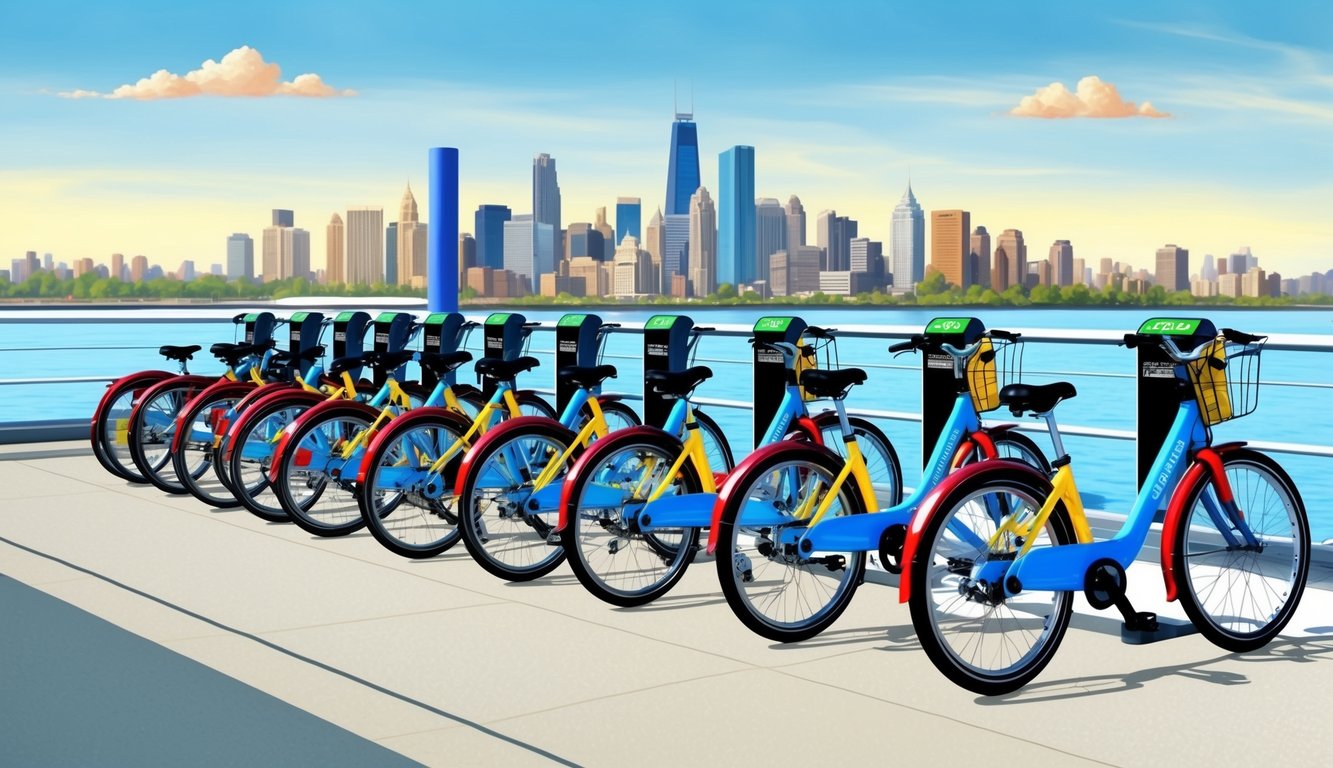 A row of colorful bicycles lined up neatly in a bike-sharing station, with a city skyline in the background