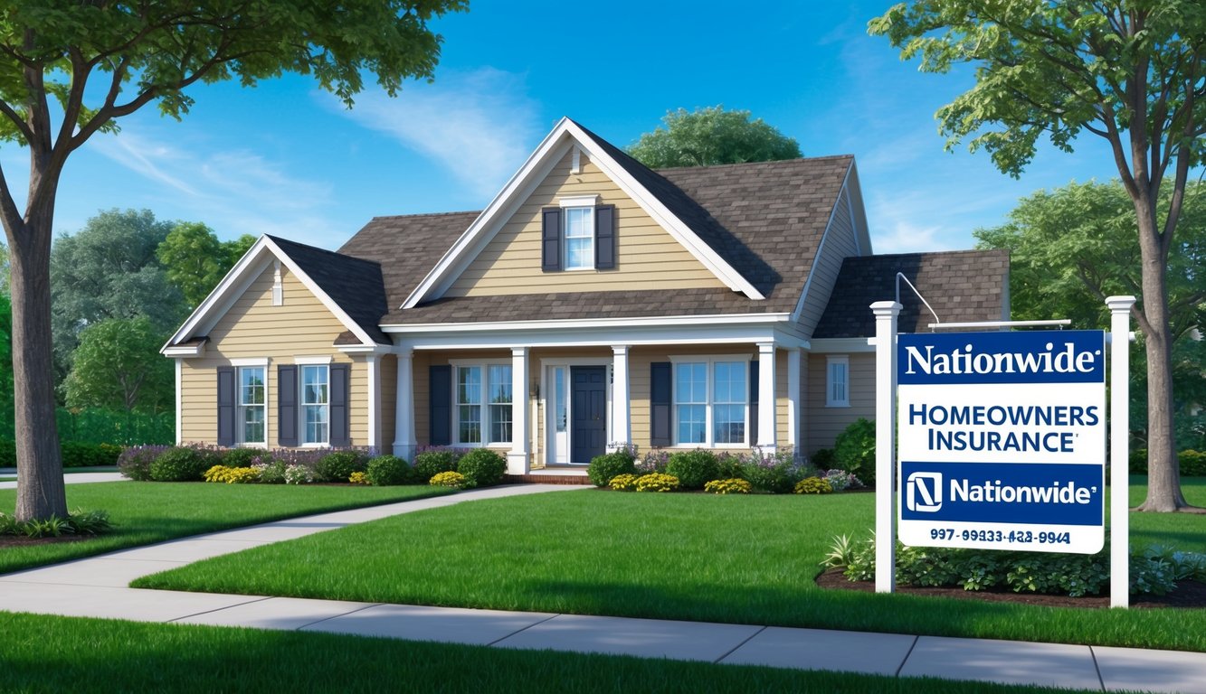 A cozy suburban house with a well-kept lawn, surrounded by trees and a clear blue sky.</p><p>A "Nationwide Homeowners Insurance" sign is displayed prominently near the front door