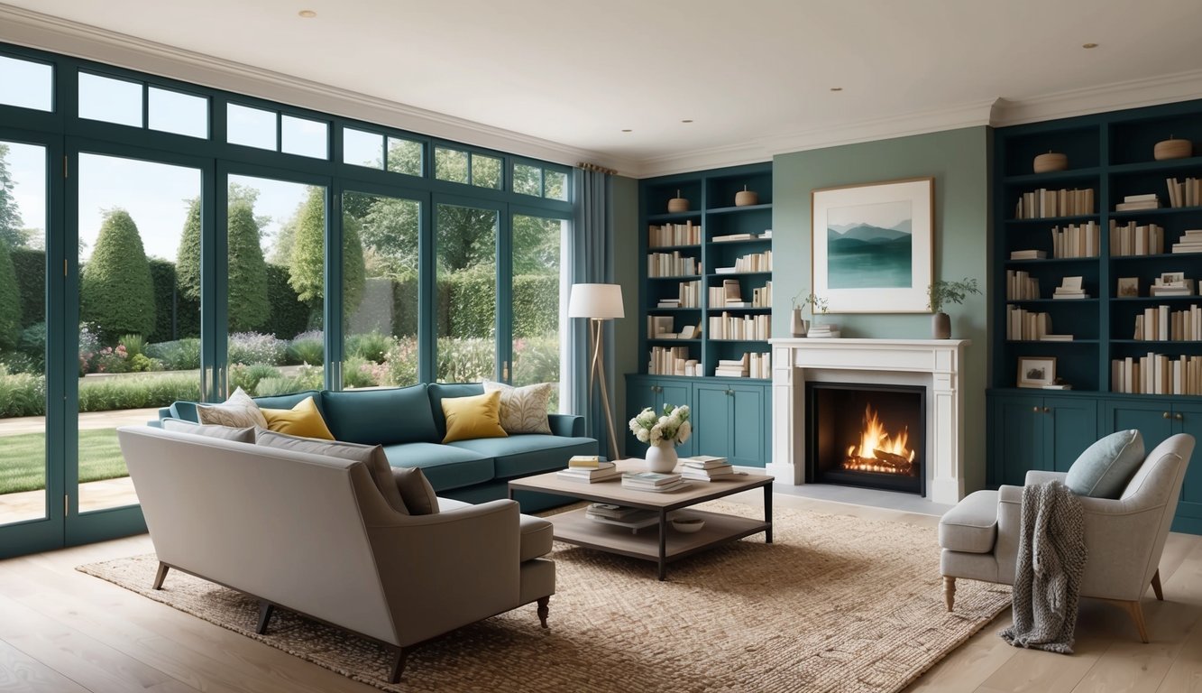 A cozy living room with a fireplace, bookshelves, and comfortable furniture, surrounded by large windows looking out onto a well-maintained garden