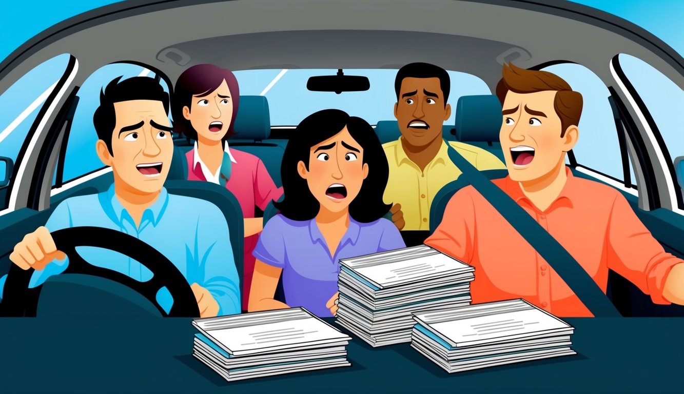 A group of people carpooling in a car, with a stack of insurance documents on the dashboard and a frustrated expression on their faces