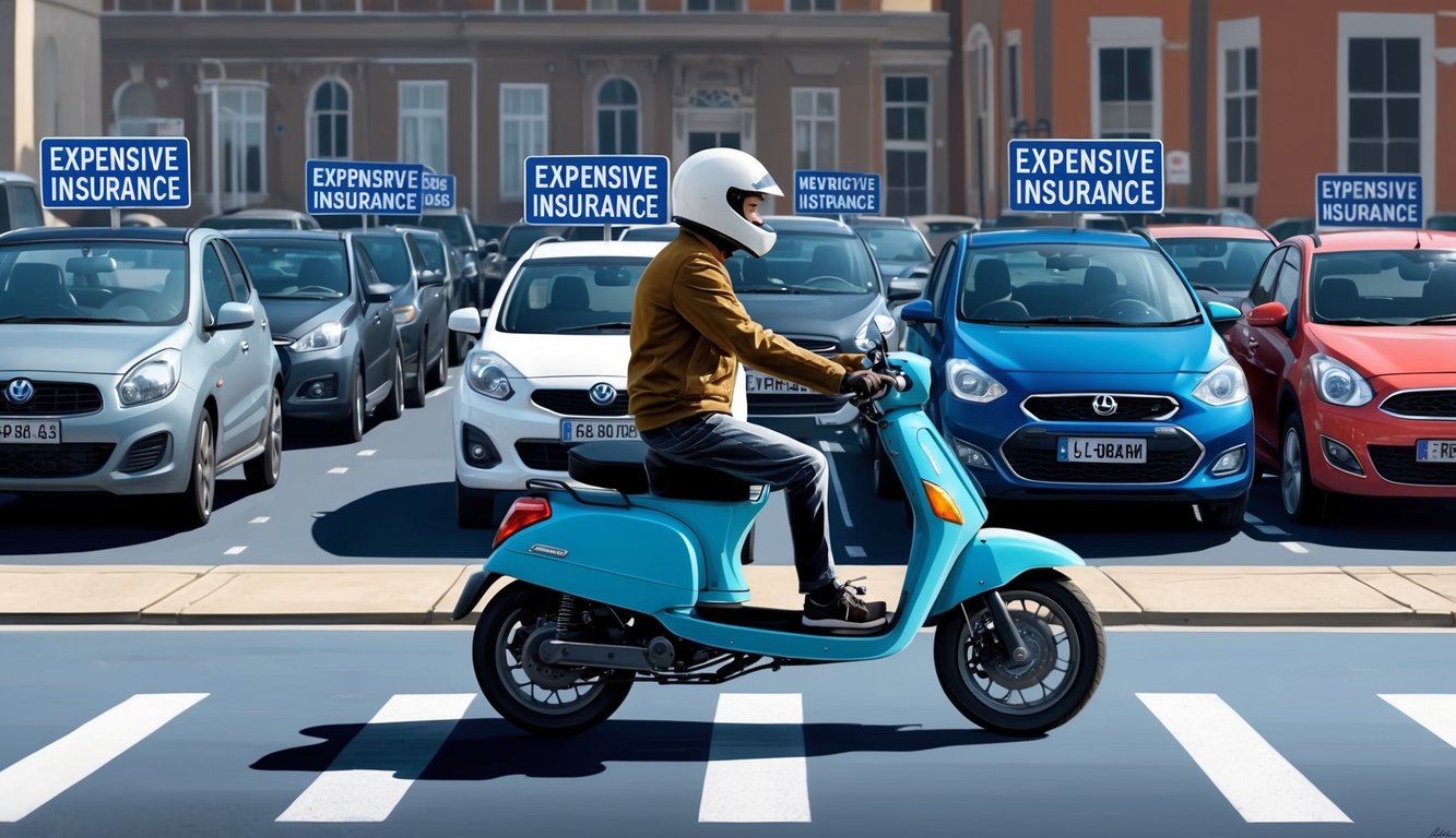 A person riding a motorcycle or moped past a row of cars with expensive insurance signs