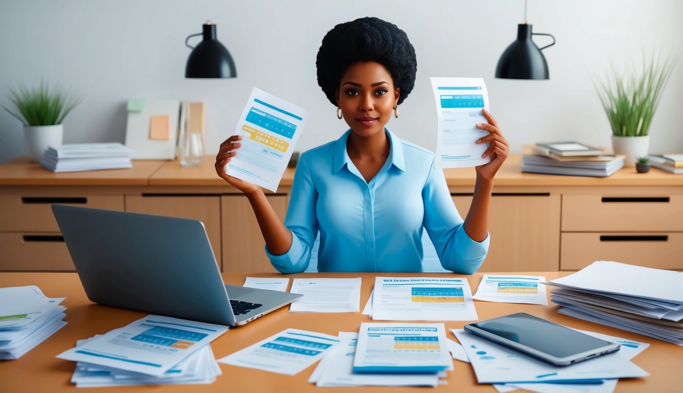 Black woman at desk holding documents, surrounded by paperwork and laptop