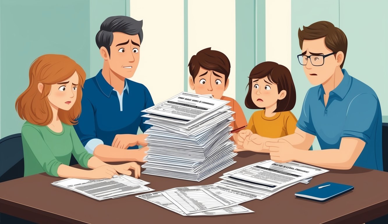 Family looking stressed at a table covered in paperwork