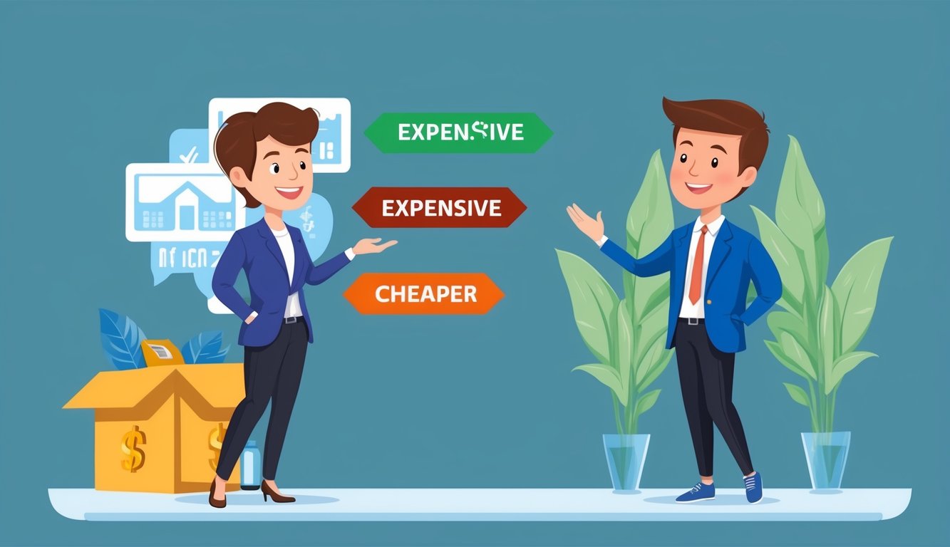 Two people comparing prices, with "expensive" and "cheaper" labels