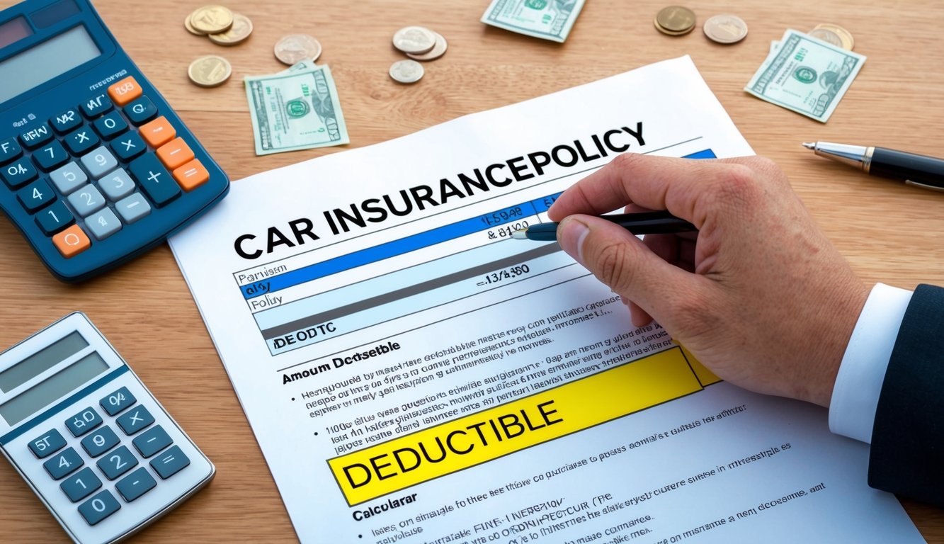 A hand adjusting a car insurance policy document with a large deductible amount highlighted.</p><p>A calculator and money-saving tips are scattered around