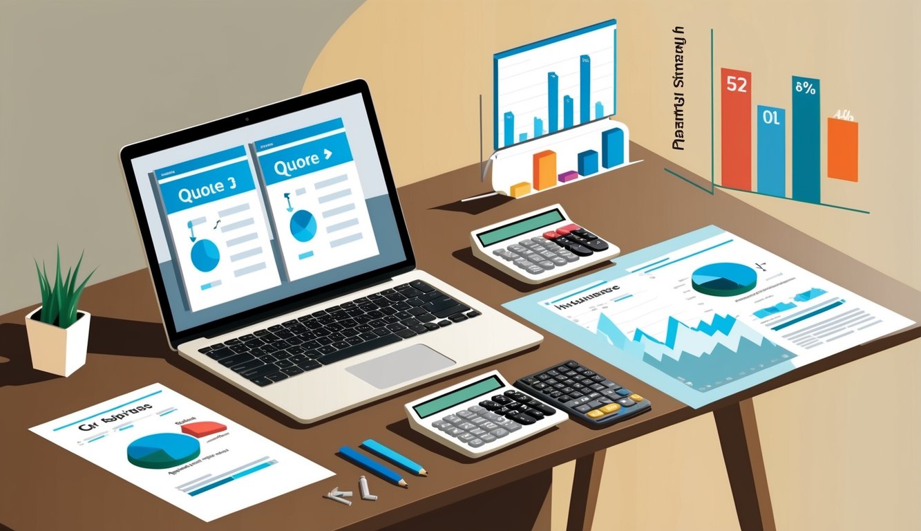 A desk with a laptop, calculator, and papers.</p><p>Two car insurance quotes compared side by side.</p><p>Graphs and charts showing financial strength