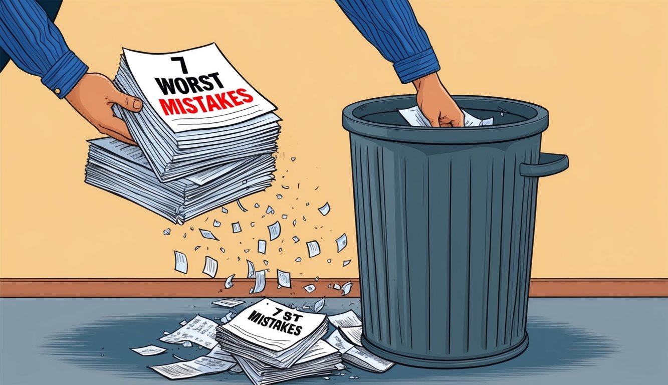 A person dropping a stack of papers labeled "7 Worst Mistakes" into a trash can