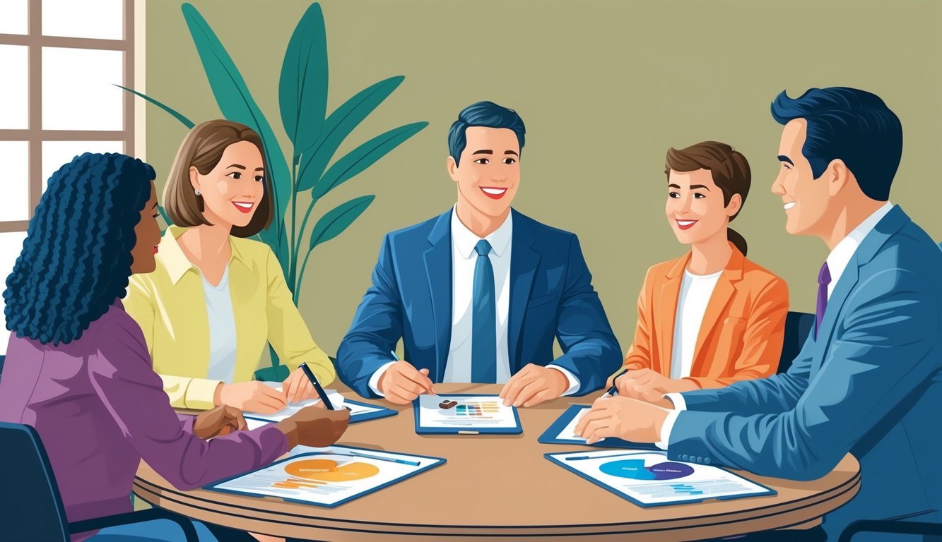 A family sitting around a table with a financial advisor, discussing life insurance options and potential mistakes to avoid