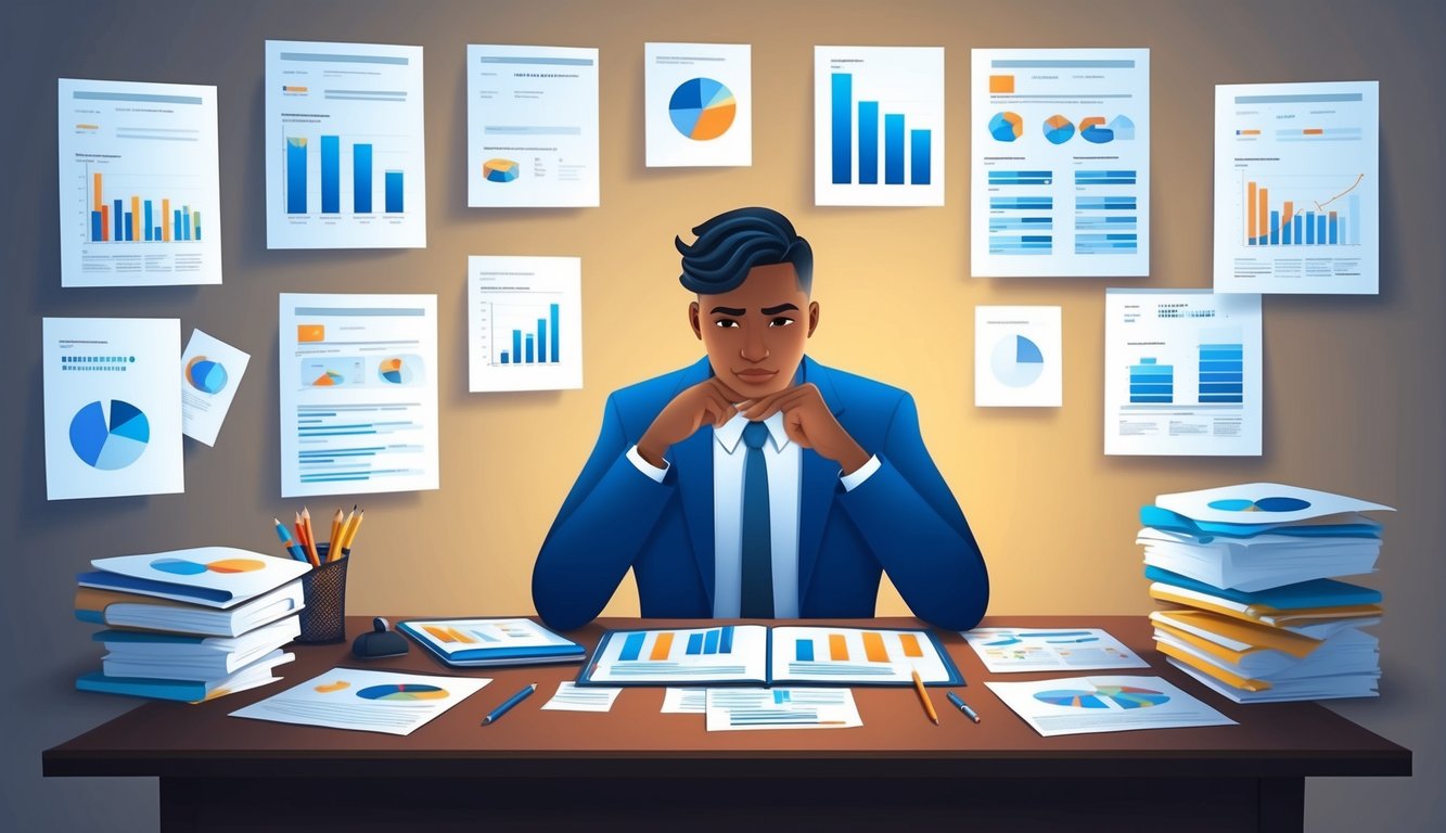 A person sitting at a desk surrounded by various documents and charts, deep in thought while considering different options for life insurance