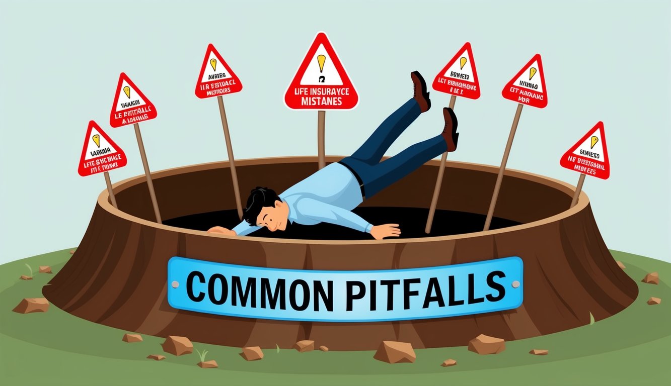 A person falling into a pit labeled "Common Pitfalls" while surrounded by seven warning signs for life insurance mistakes