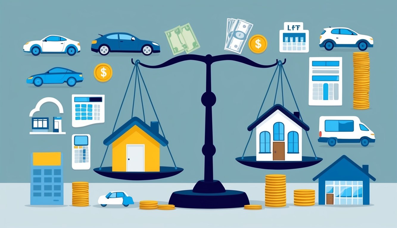 A diverse set of insurance-related objects (car, home, money, etc.) arranged around a scale, with one side weighed down and the other lifted up