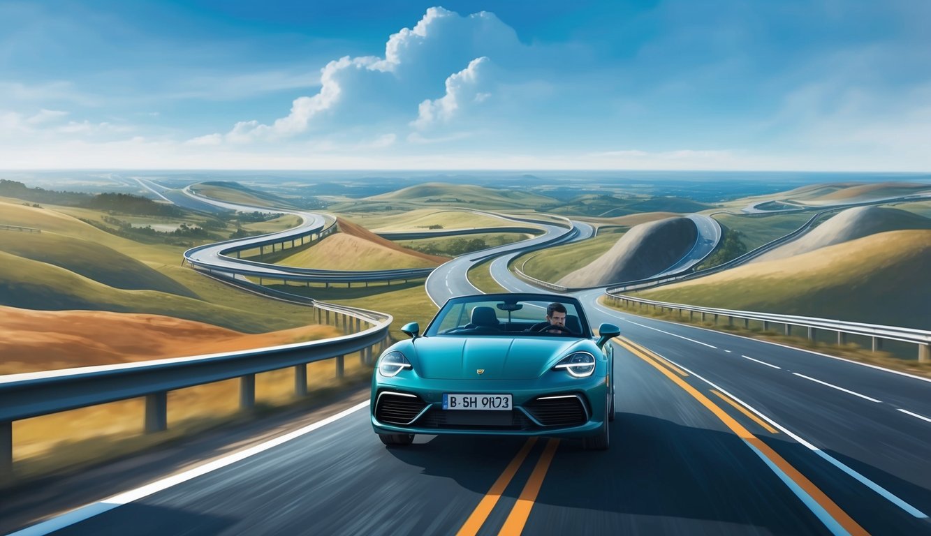 A car driving through a winding road, passing through various landscapes and weather conditions, with a clear view of the sky and the horizon