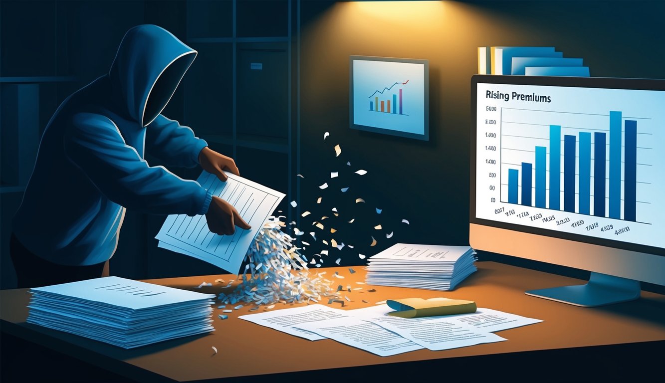 Hooded figure shredding documents near a computer displaying financial data