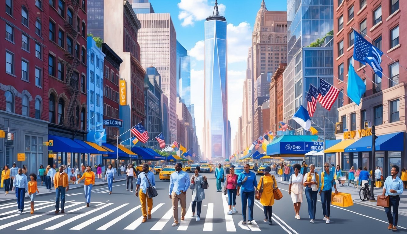 A bustling New York City street with iconic skyscrapers and a diverse mix of people, showcasing the vibrancy and energy of the city in 2024