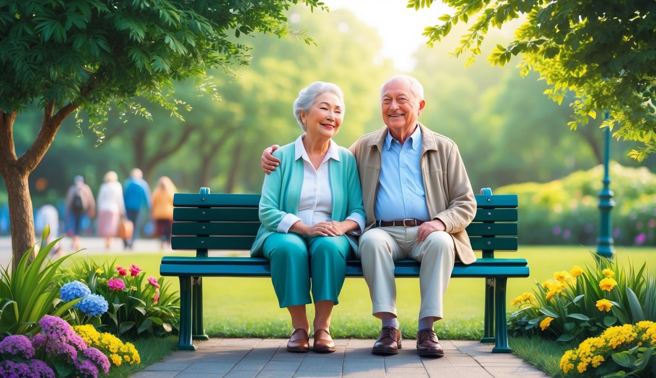 A serene elderly couple sitting on a park bench, surrounded by lush greenery and colorful flowers, with a peaceful smile on their faces