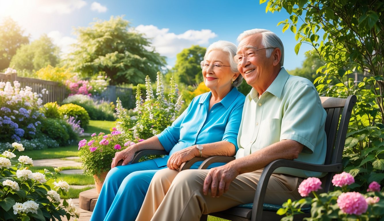 A peaceful elderly couple enjoys a sunny day in their garden, surrounded by blooming flowers and lush greenery.</p><p>A sense of security and contentment is evident in their relaxed expressions