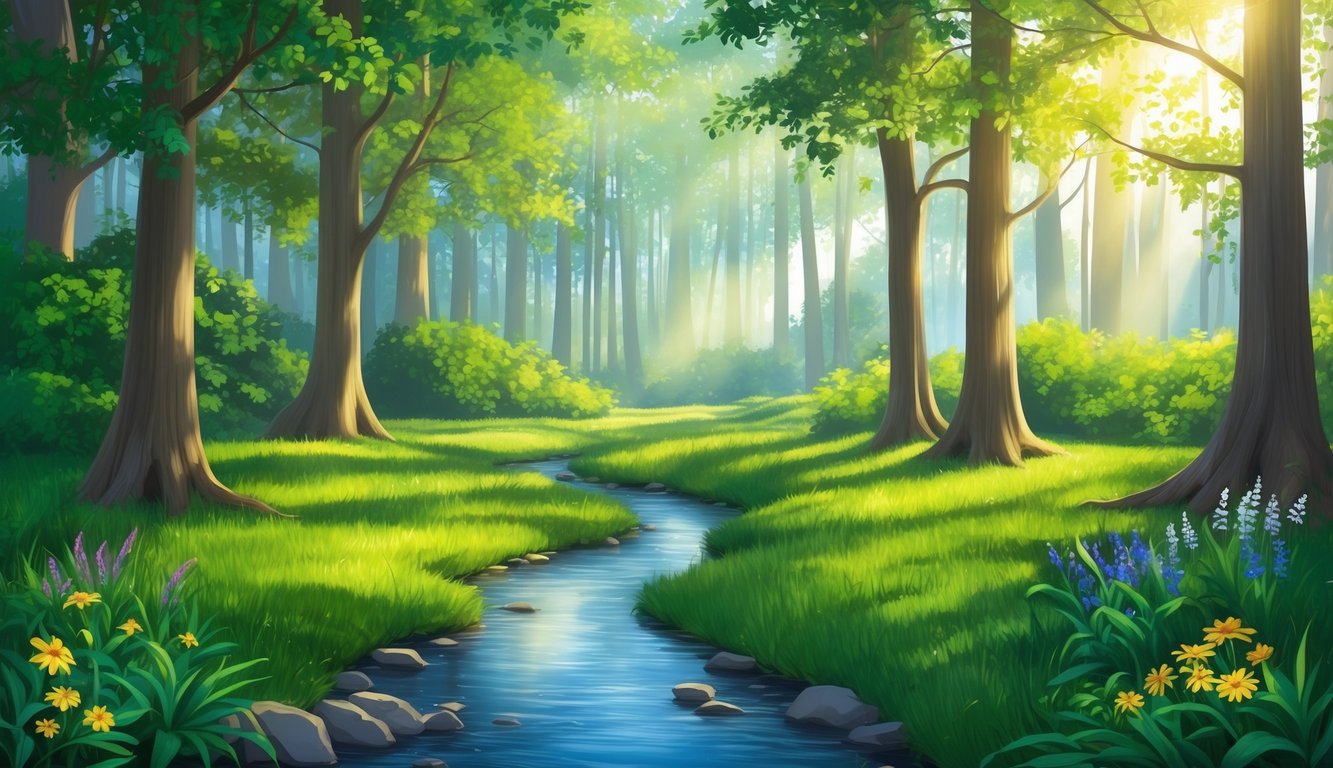 A serene forest clearing with sunlight filtering through the trees, casting dappled shadows on the ground.</p><p>A tranquil stream flows through the scene, surrounded by lush greenery and vibrant wildflowers