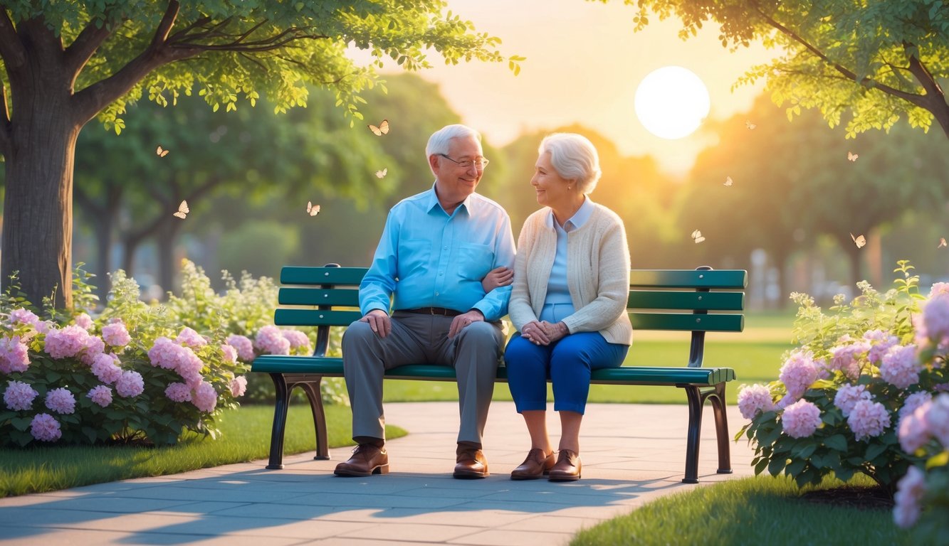 A serene, elderly couple sitting on a park bench, surrounded by blooming flowers and a gentle breeze.</p><p>The sun is setting, casting a warm glow over the scene