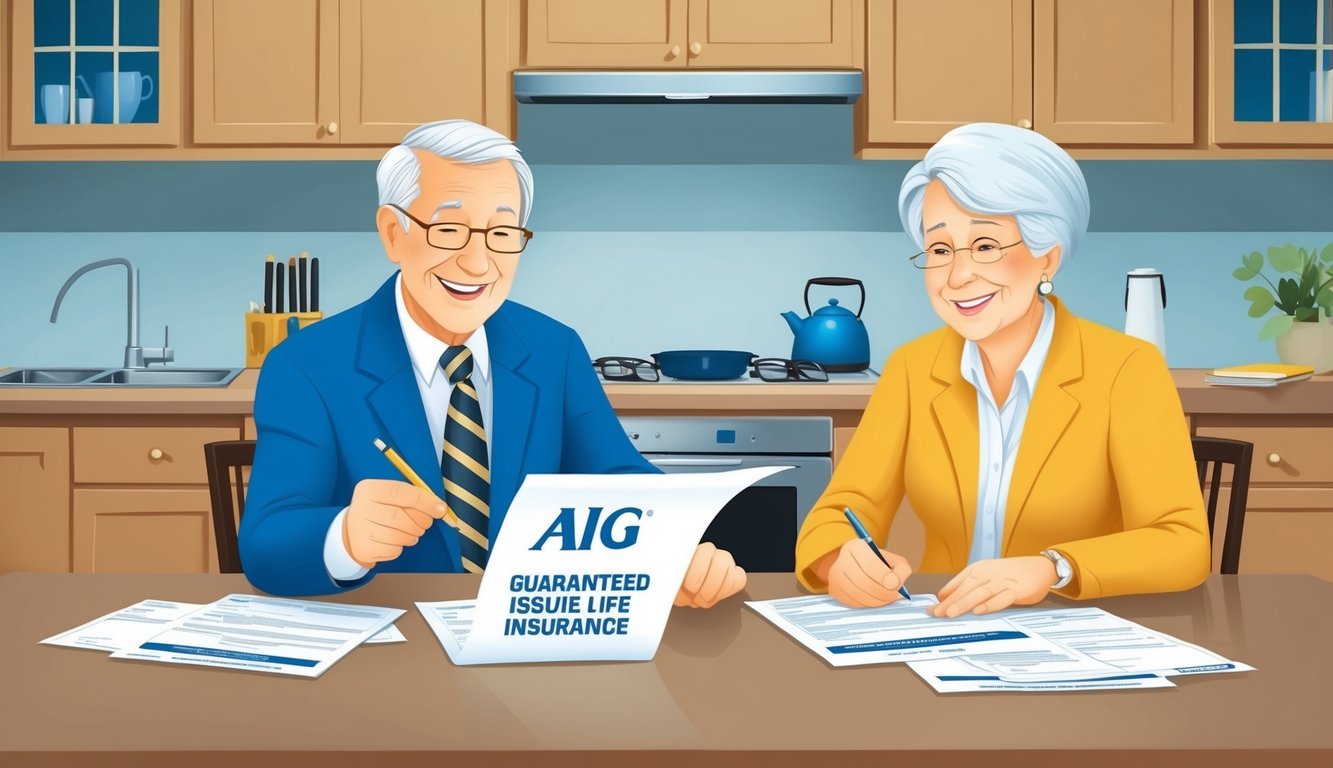 An elderly couple sitting at a kitchen table, reviewing paperwork with a representative from AIG.</p><p>The couple appears happy and relieved as they discuss Guaranteed Issue Whole Life insurance