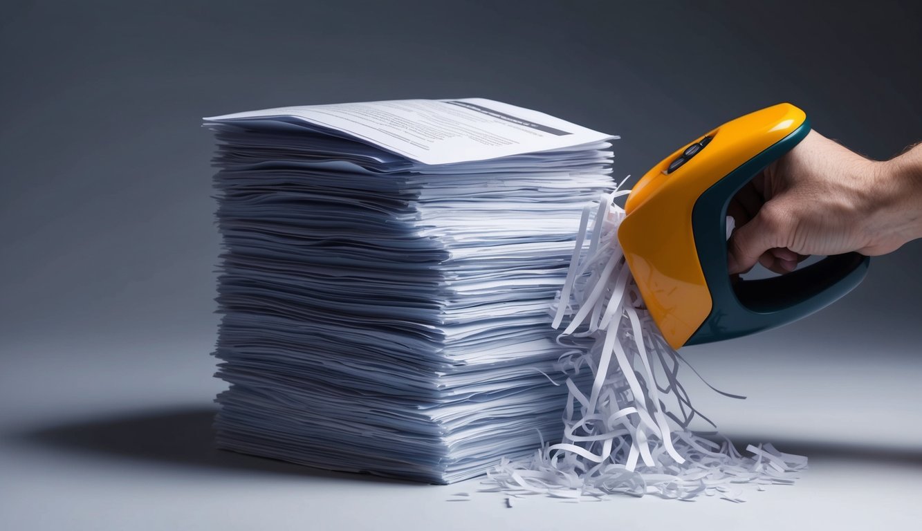 A stack of insurance documents being shredded by a hand-held paper shredder