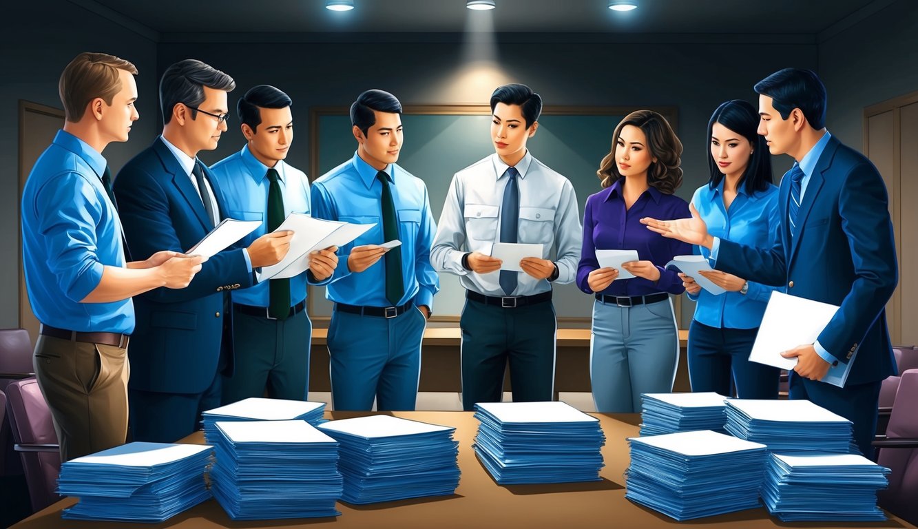 A group of insurance adjusters reviewing documents and photos, discussing and evaluating claims in a dimly lit conference room with stacks of files on the table