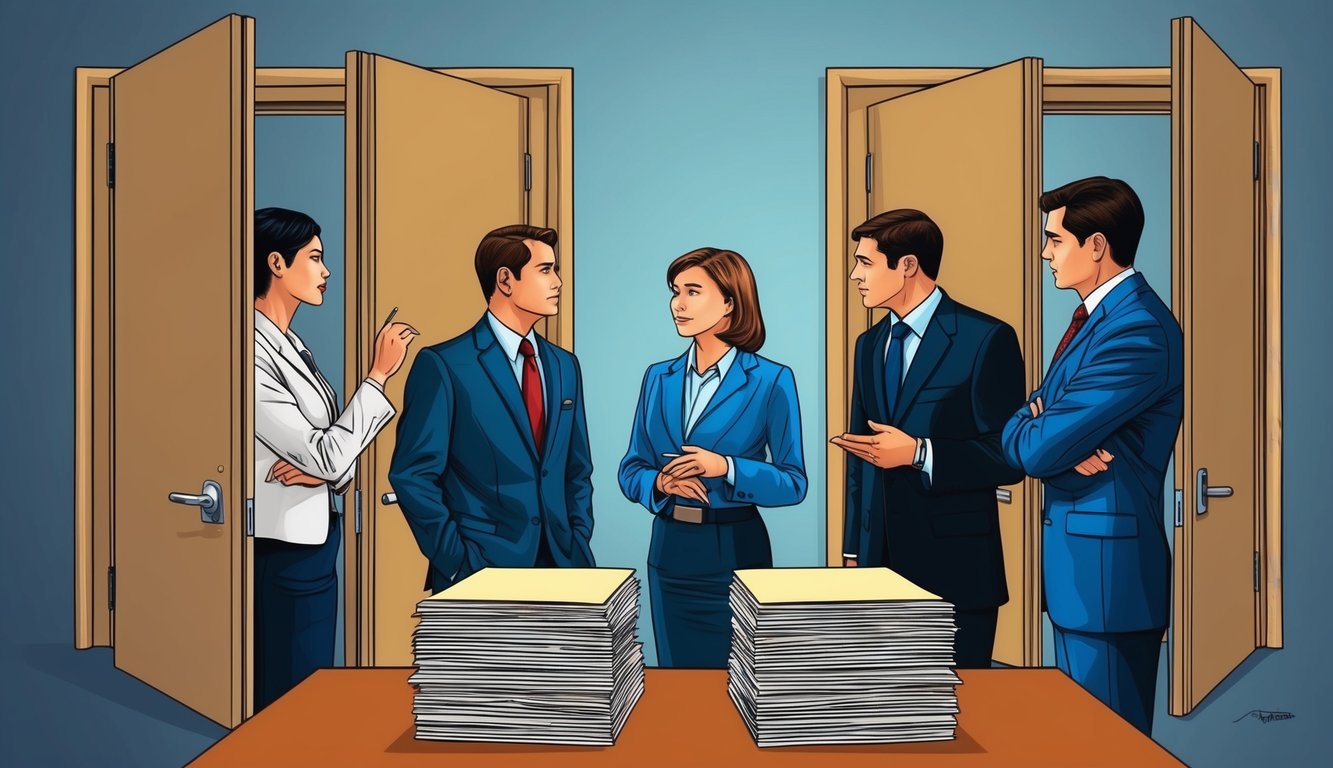 A group of insurance agents discussing behind closed doors, while a stack of paperwork sits on a desk