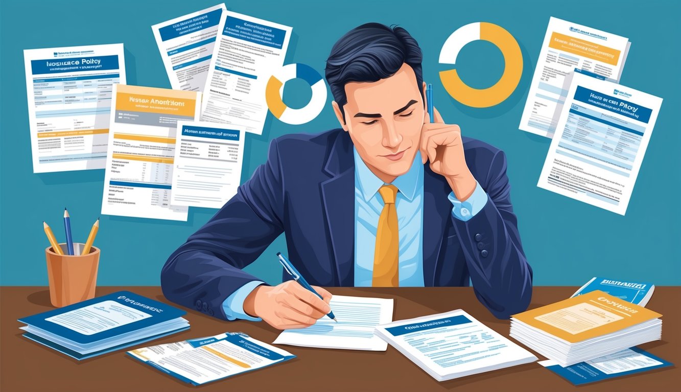 Businessman in suit reviewing documents, surrounded by papers and charts