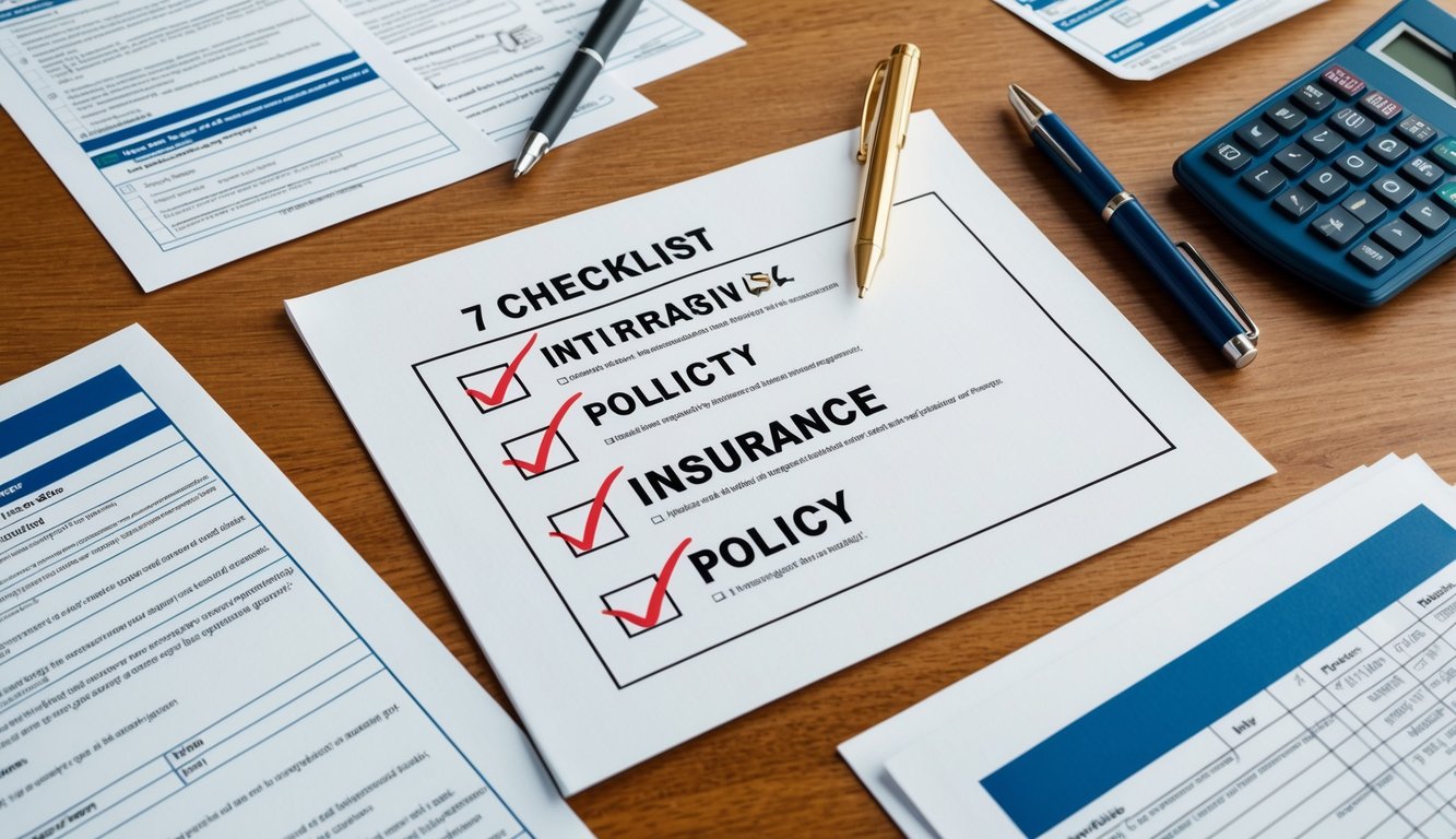 A table with a checklist of 7 questions and various insurance policy documents spread out, surrounded by a pen and a calculator