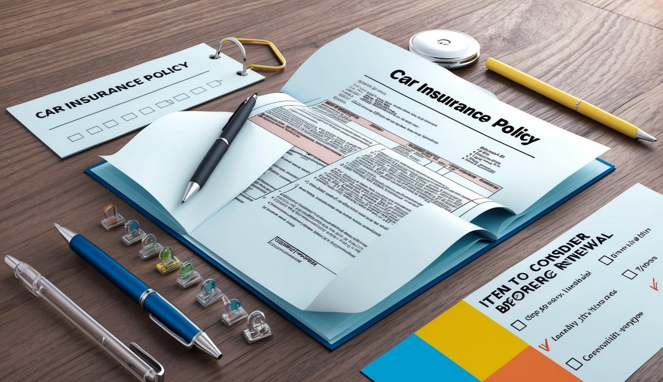 Car insurance policy documents, pens, and checklist on a wooden table