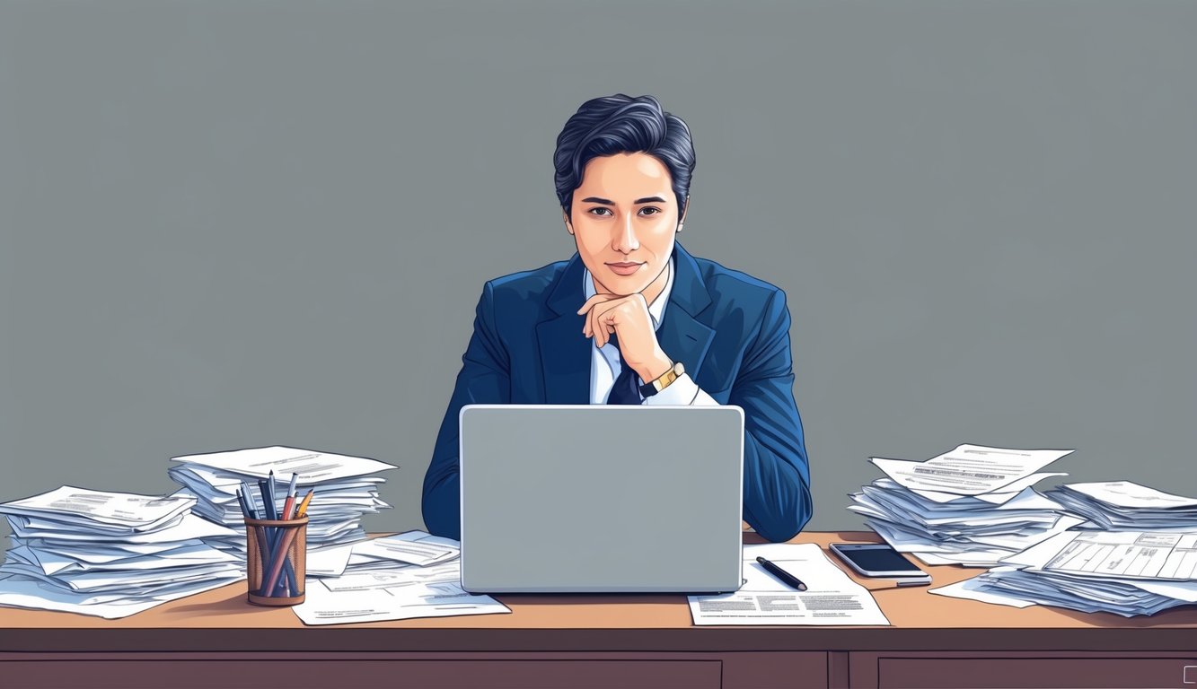 A person sitting at a desk surrounded by paperwork, with a laptop open and a pen in hand, looking thoughtful and contemplative