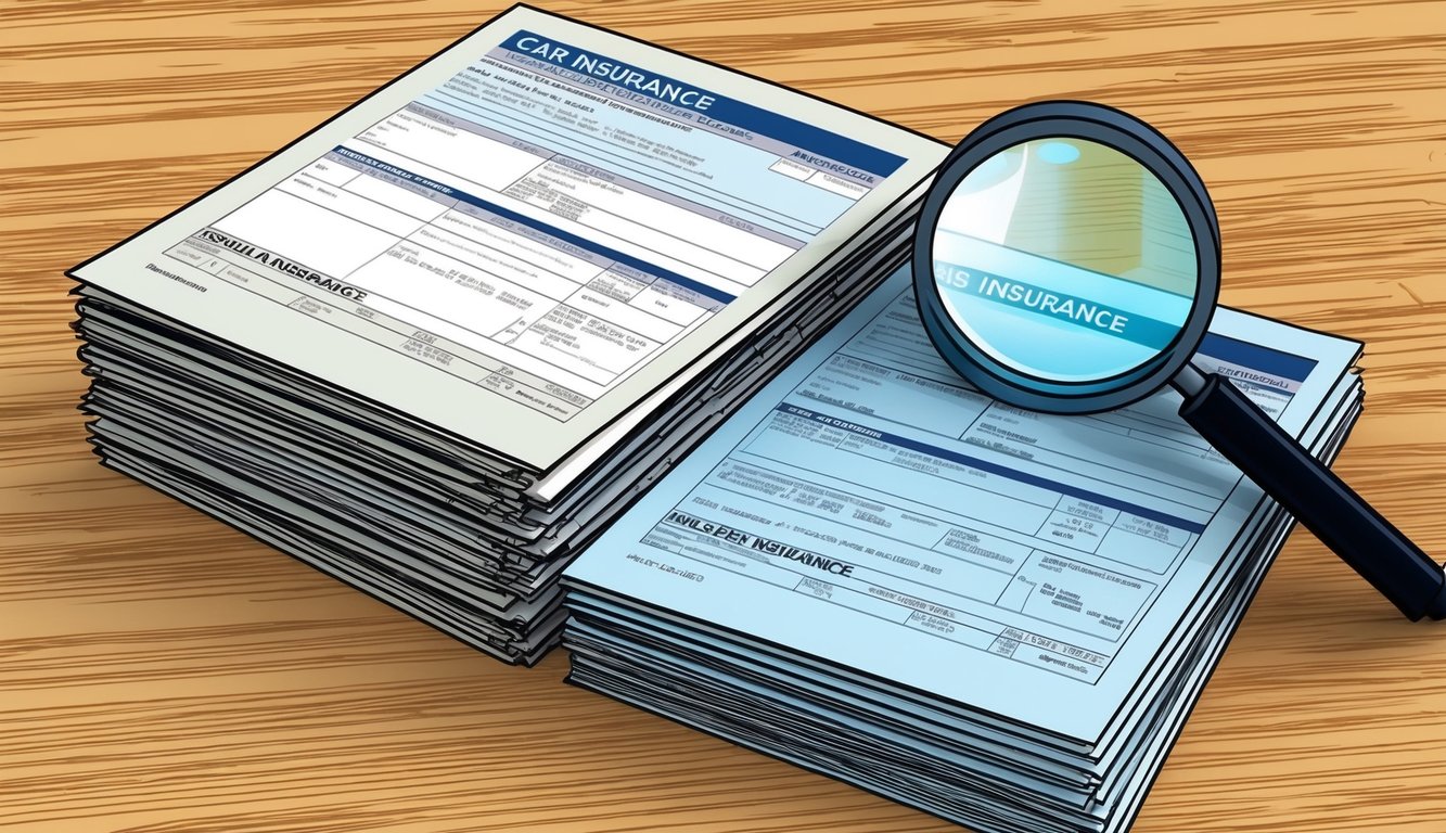 A stack of old and new car insurance documents side by side, with a magnifying glass examining the details