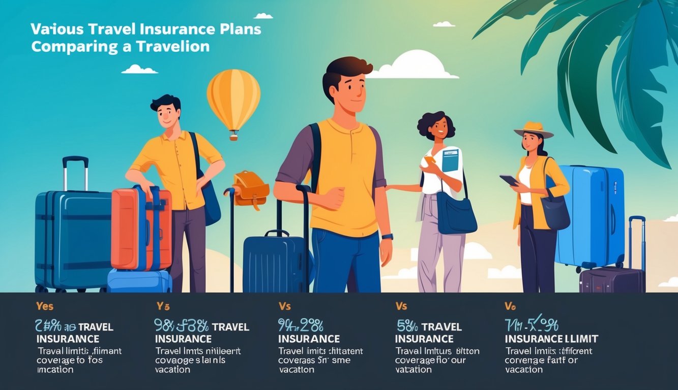 A traveler comparing various travel insurance plans with different coverage limits for their upcoming vacation