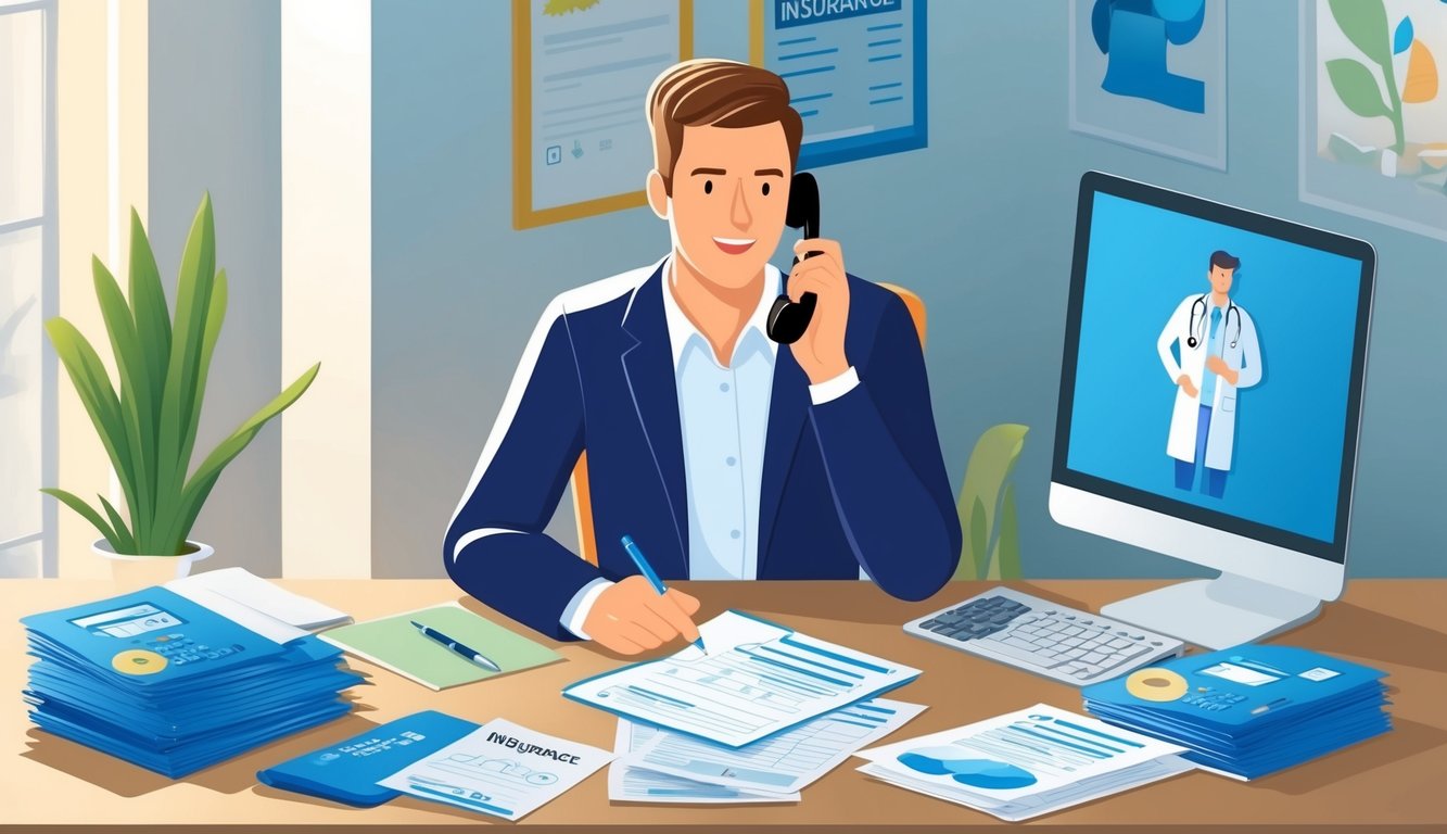 A person sitting at a desk with a pen and paper, surrounded by insurance documents and a computer, talking on the phone with a doctor's office