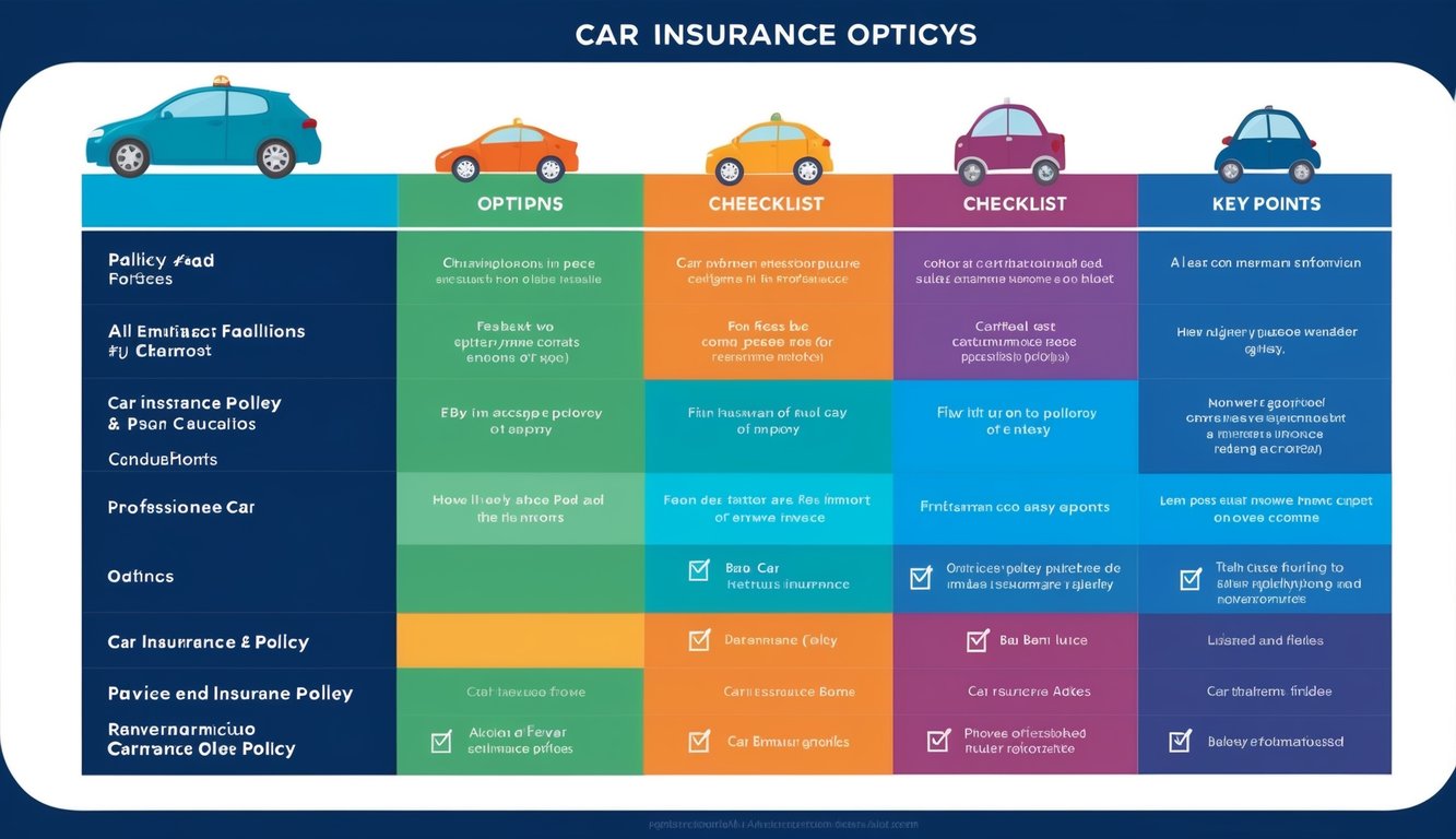 A table with a variety of car insurance policy options and a checklist of 10 key points