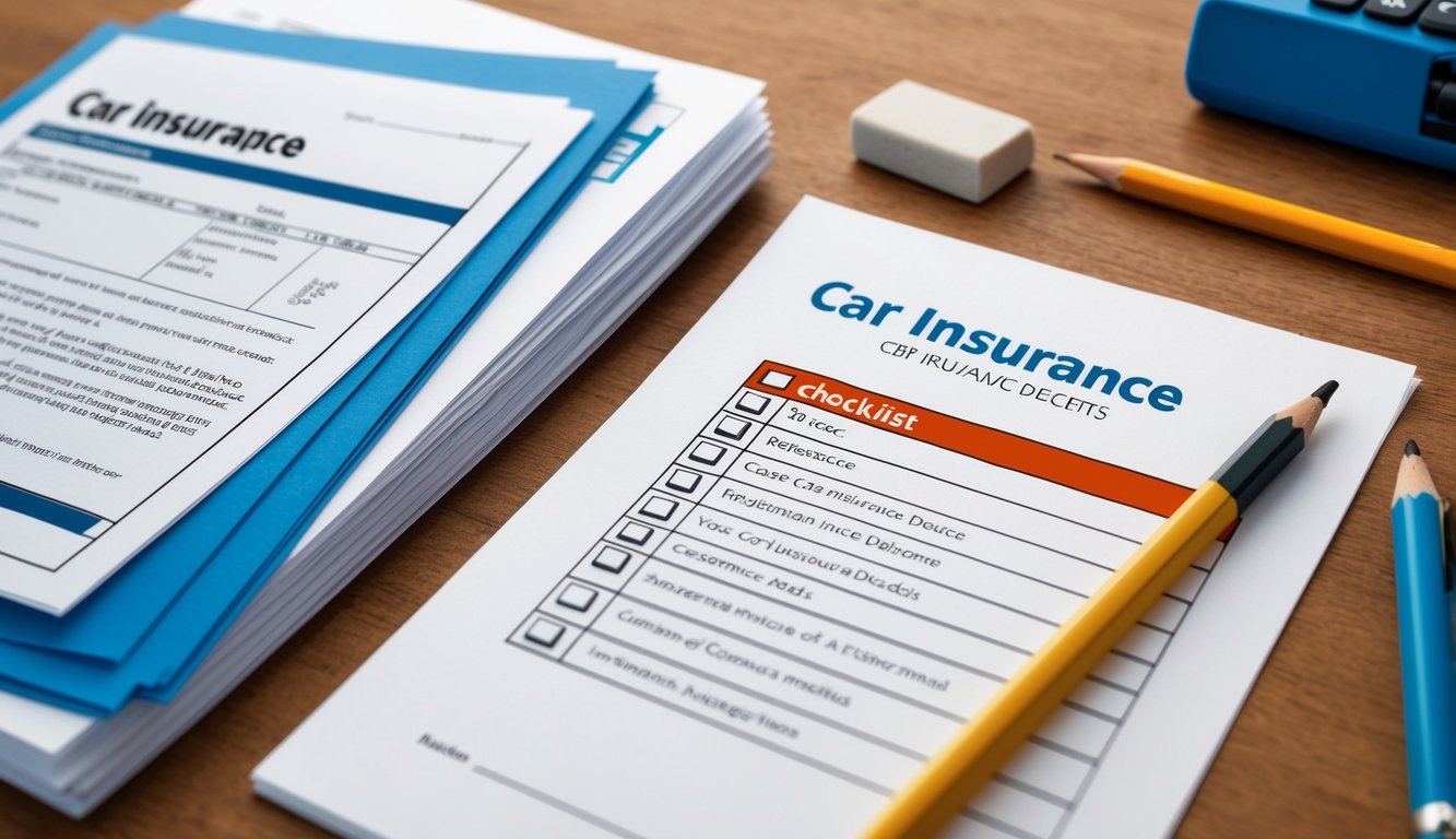 A stack of car insurance documents with a checklist of 10 items next to a pencil and eraser on a desk