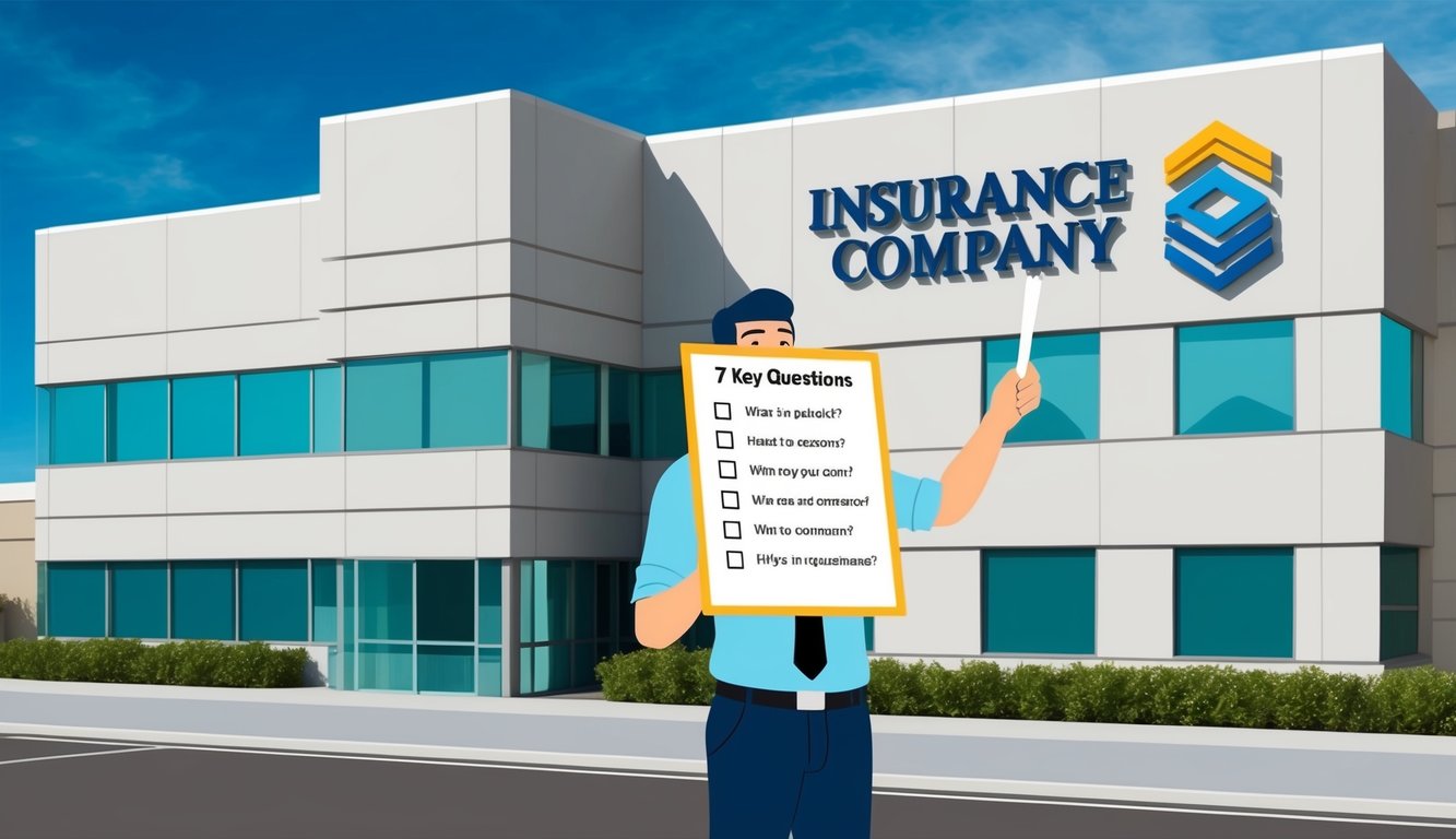 A person holding a checklist of 7 key questions, standing in front of a large insurance company building with a sign displaying the company's name and logo