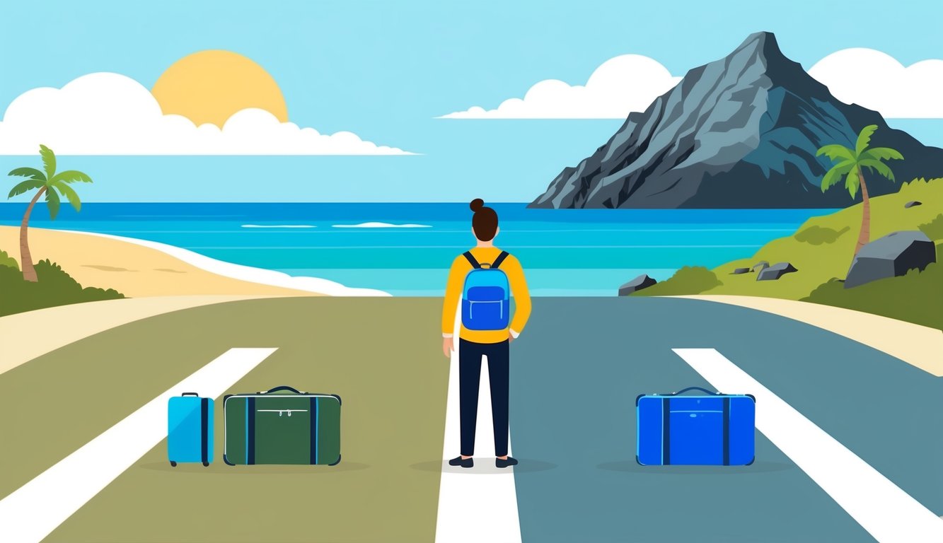 A traveler standing at a crossroads, with one path leading to a serene beach and the other to a rugged mountain, while weighing different travel insurance options