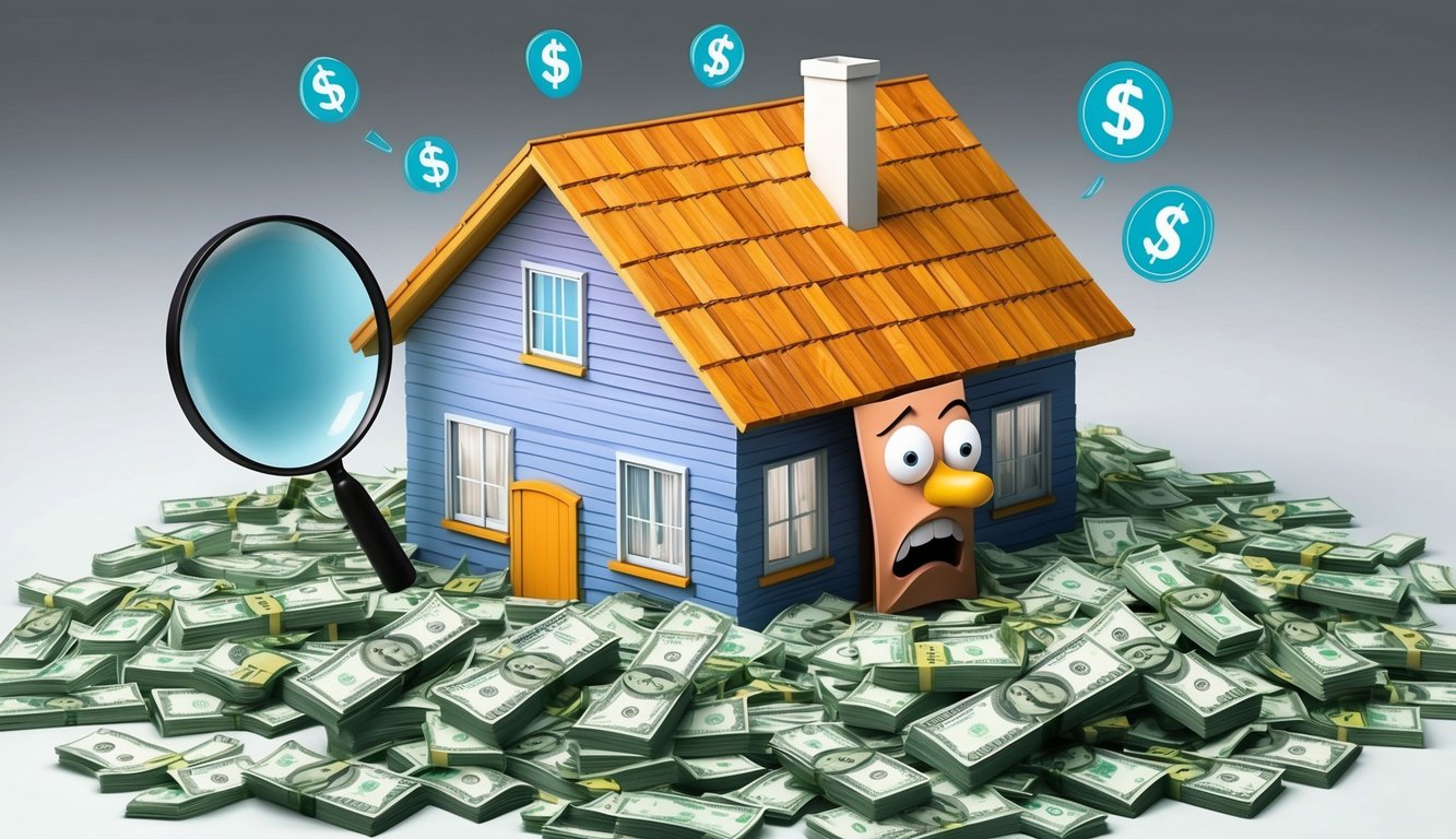 A house surrounded by a pile of money with dollar signs, a magnifying glass, and a shocked expression on the house's face