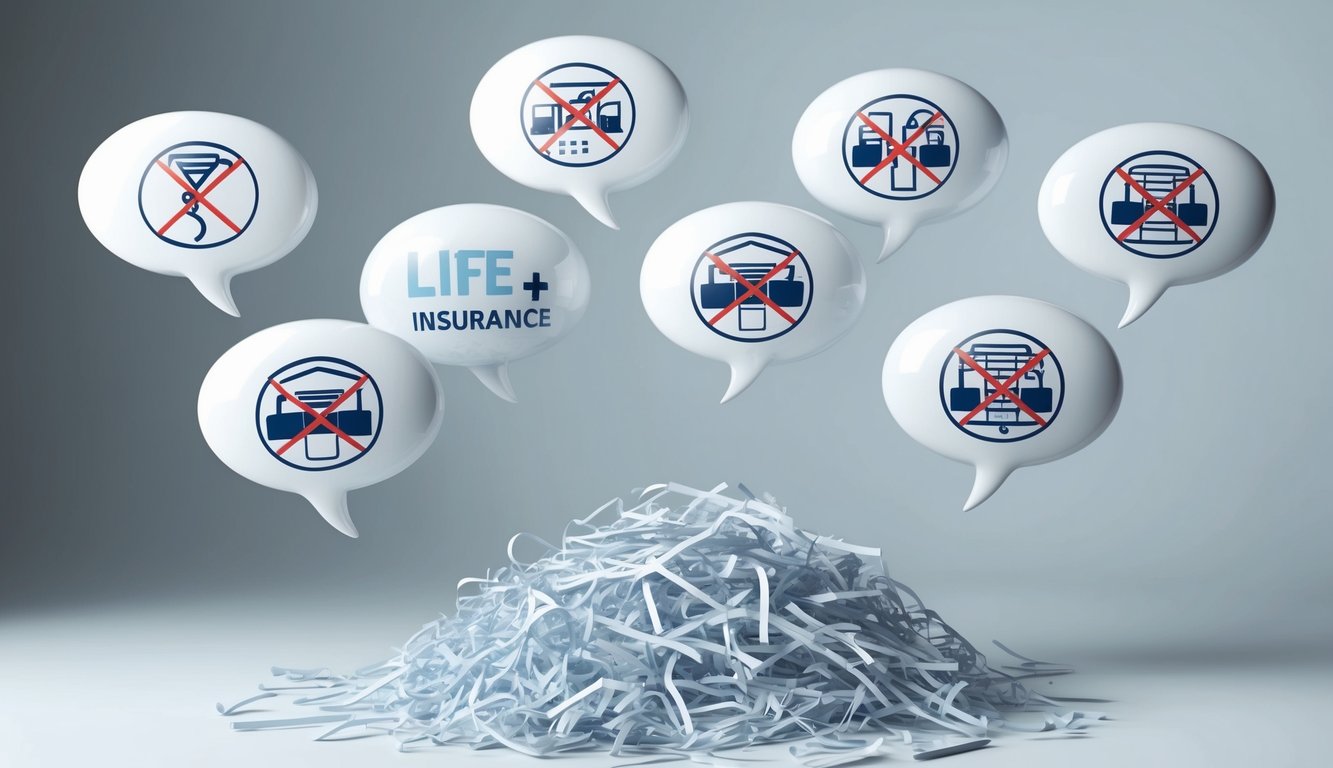 Life insurance speech bubbles with crossed-out symbols over shredded paper