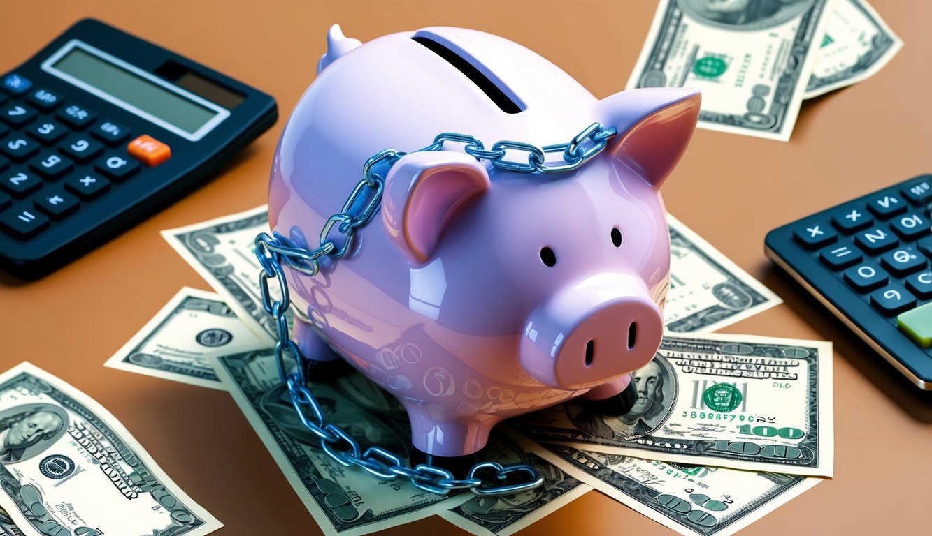 A piggy bank with a broken chain, surrounded by dollar bills and a calculator