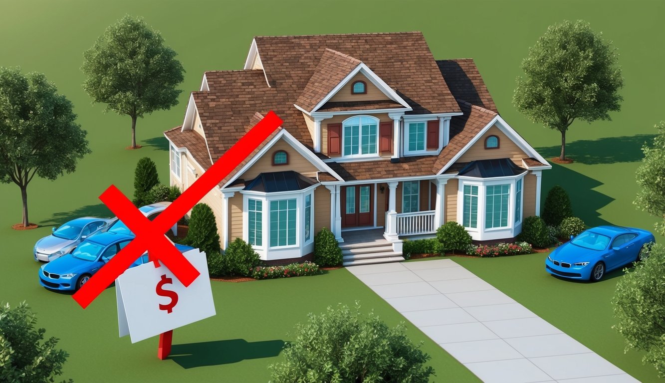 A suburban home surrounded by expensive-looking items, with a red "X" over a price tag