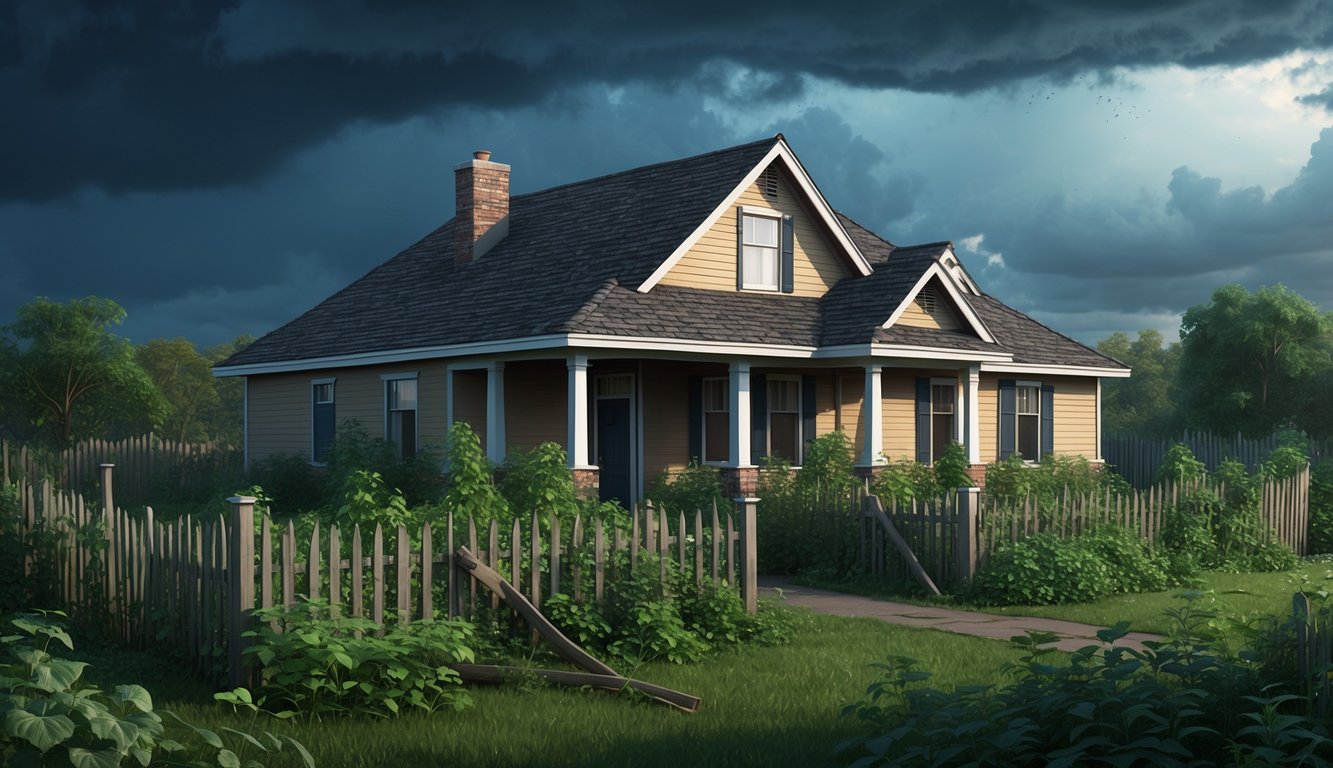 A family home surrounded by overgrown weeds and a broken fence, with a stormy sky overhead