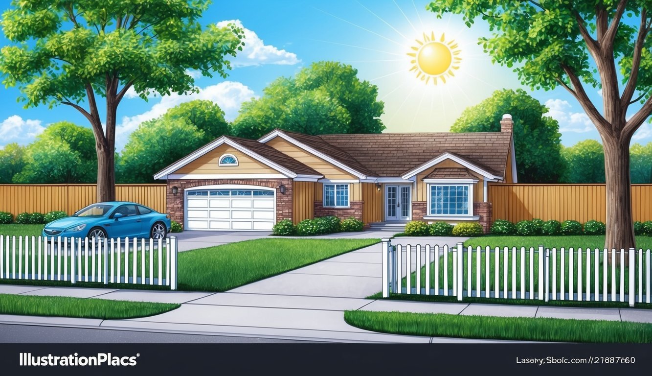 A cozy home surrounded by a fence, with a tree in the yard and a car in the driveway.</p><p>The sun is shining, and the house looks well-kept and secure