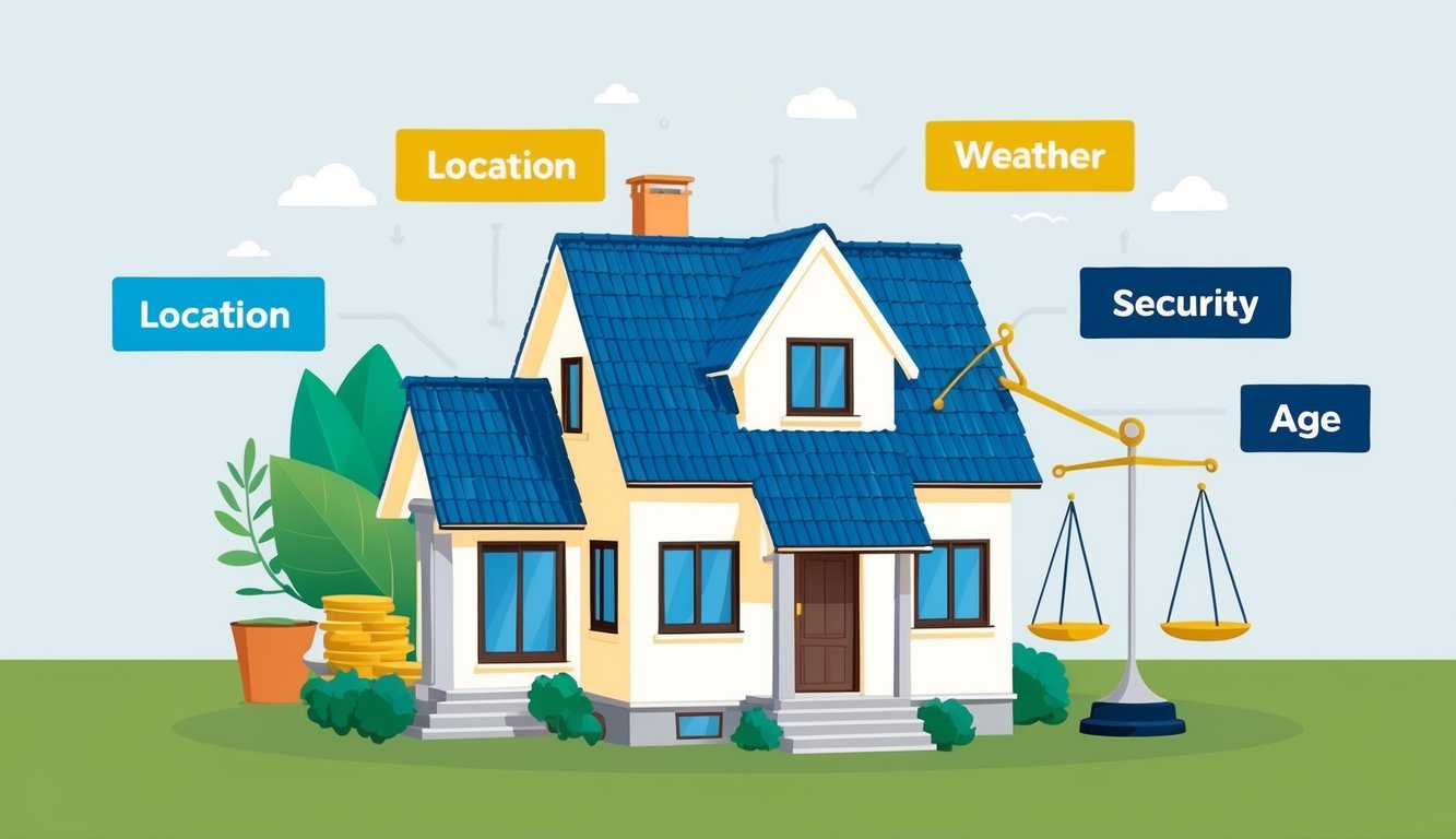 A house surrounded by various factors like location, weather, security, and age.</p><p>A scale with one side higher than the other, indicating imbalance in insurance costs