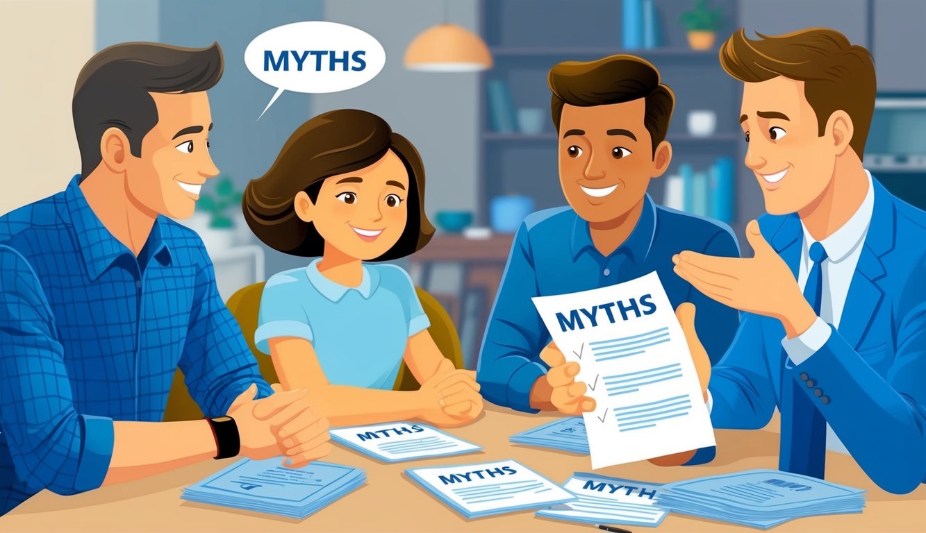 A family sitting around a table, discussing life insurance.</p><p>One person is holding a paper with myths written on it, while another is gesturing confidently as they debunk the myths